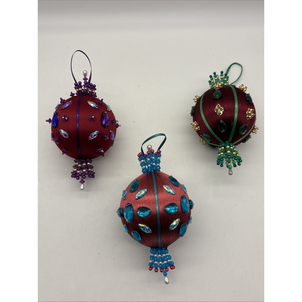 Vintage PUSHPIN  ORNAMENT Sequin Bead Ornate Christmas Tree Handmade Bling X3